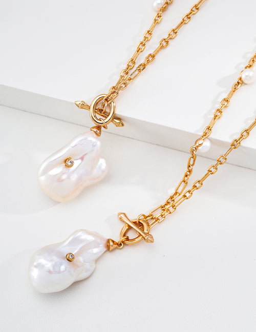 Baroque Pearl Long Necklace | 925 Sterling Silver & 18K Gold