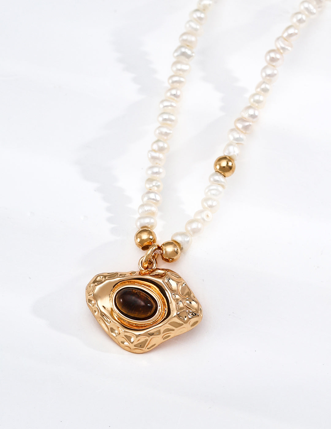 Tiger Eye Pearl Necklace | 925 Silver Vintage Gold