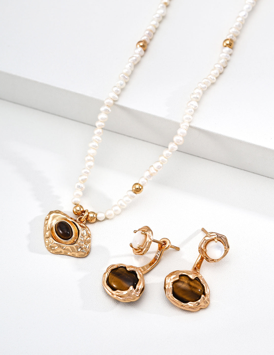 Tiger Eye Pearl Necklace | 925 Silver Vintage Gold