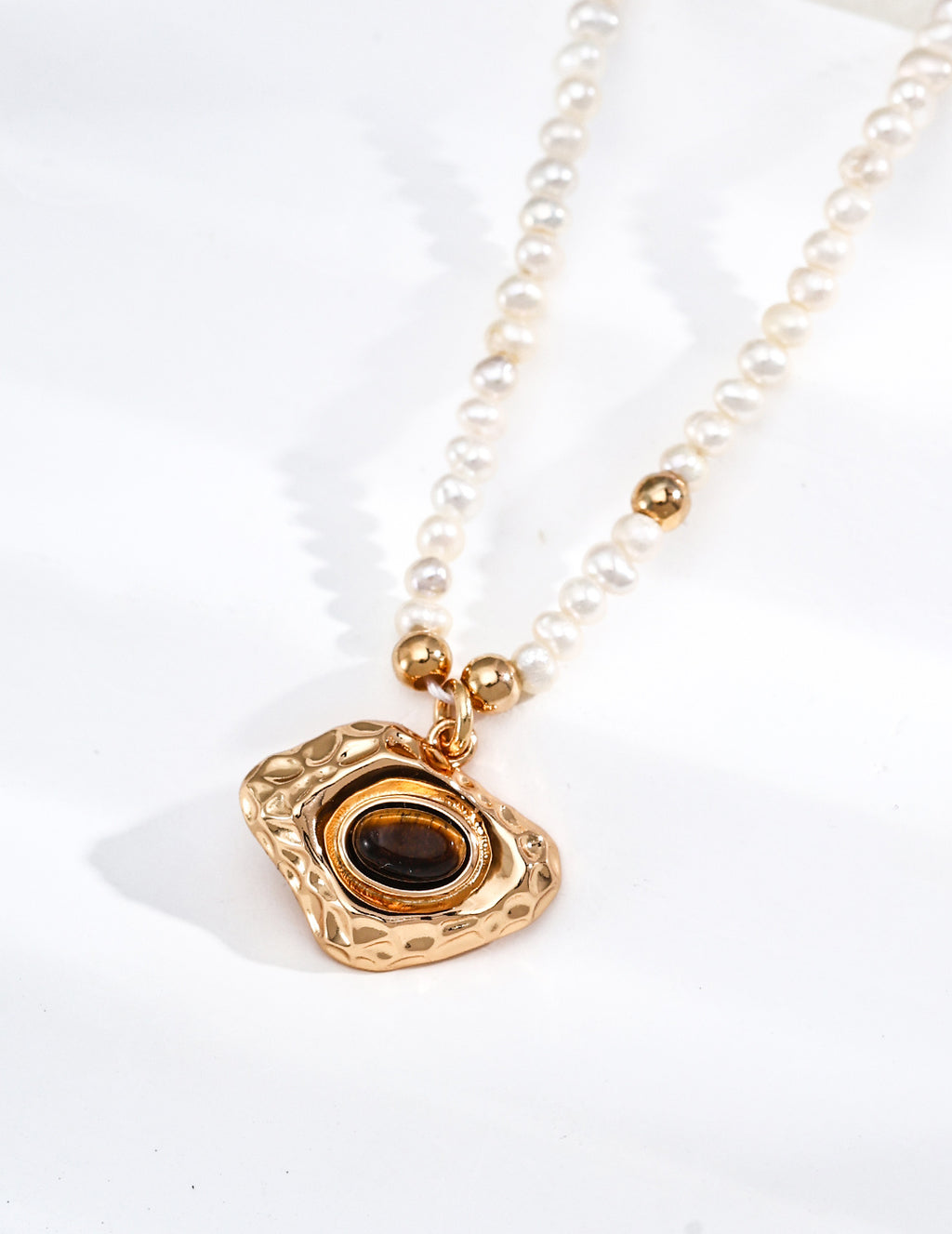 Tiger Eye Pearl Necklace | 925 Silver Vintage Gold