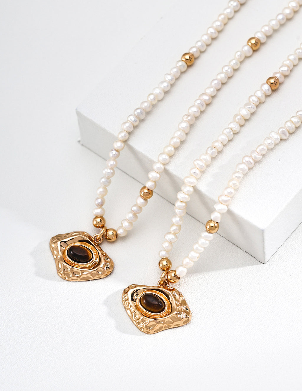 Tiger Eye Pearl Necklace | 925 Silver Vintage Gold