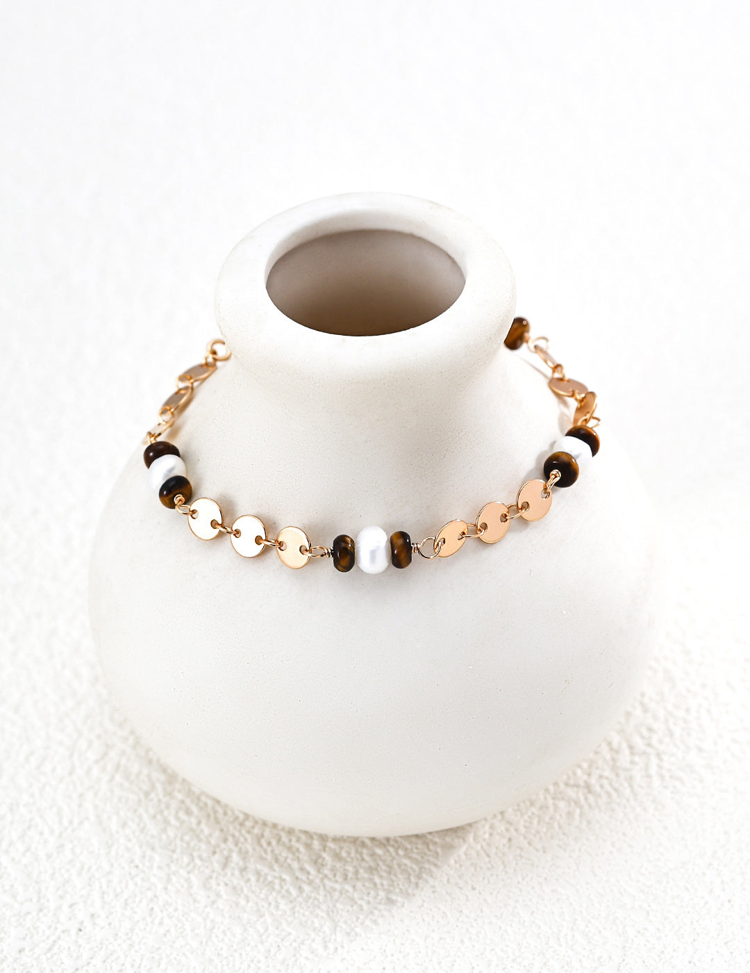 Tiger Eye & Pearl Coin Chain Bracelet | S925 Silver Vintage Gold