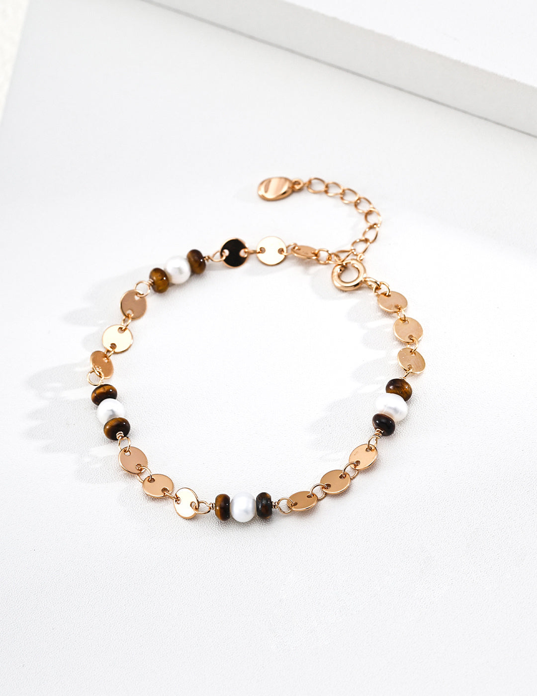 Tiger Eye & Pearl Coin Chain Bracelet | S925 Silver Vintage Gold