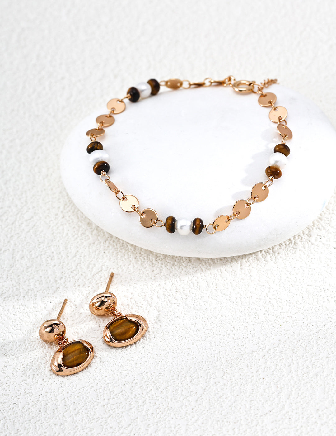 Tiger Eye & Pearl Coin Chain Bracelet | S925 Silver Vintage Gold