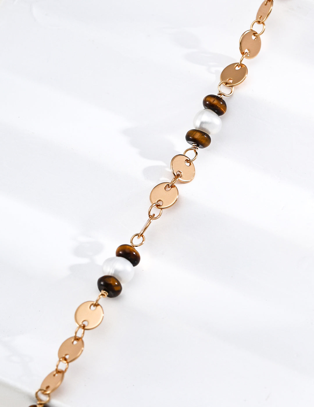 Tiger Eye & Pearl Coin Chain Bracelet | S925 Silver Vintage Gold