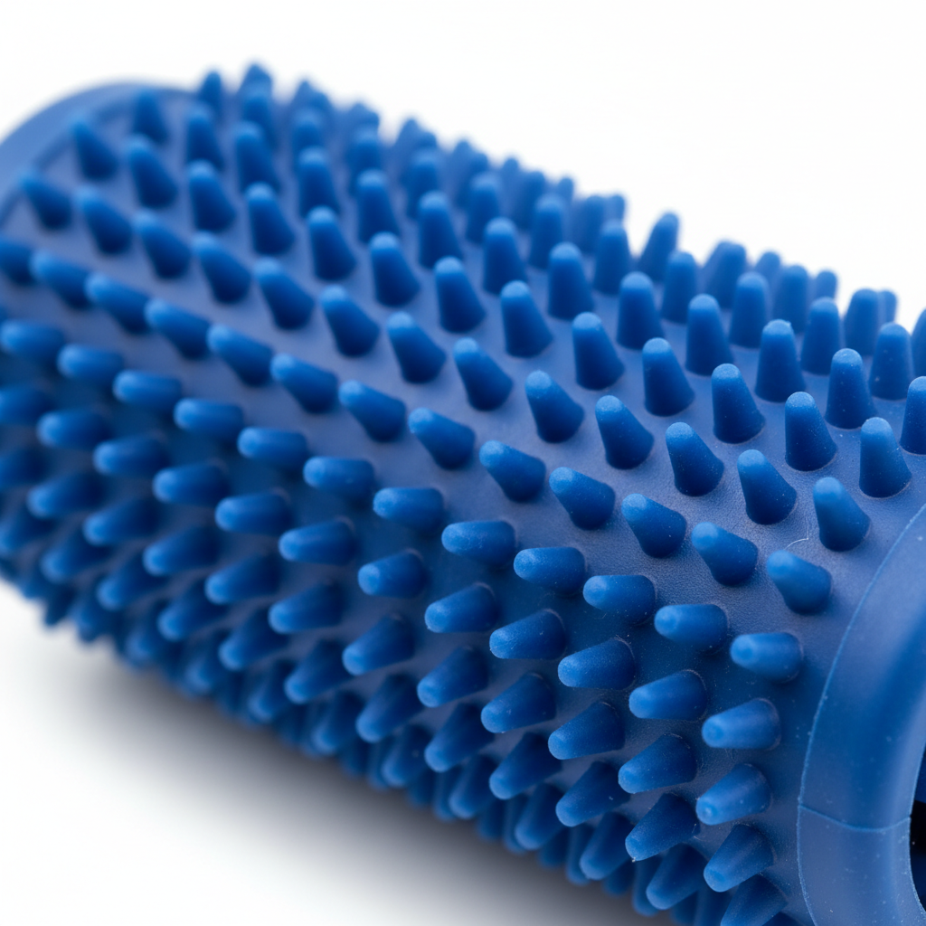 Close-up of blue silicone bristle roller drum showing dense bristle texture