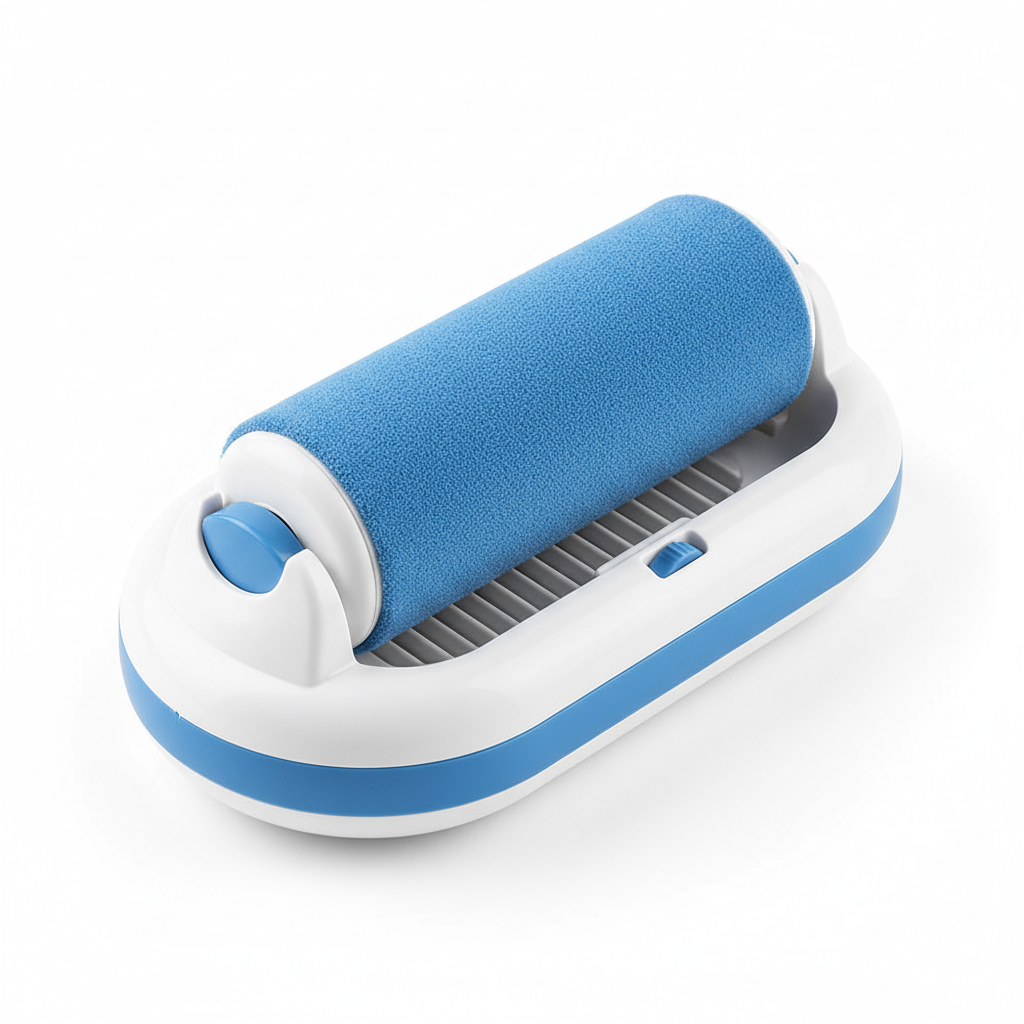 Blue and white pet hair remover with self-cleaning base, 45-degree angle view